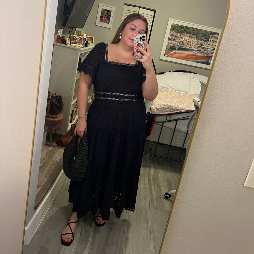 The Violetta Square-Neck Eyelet Midi Dress in Black